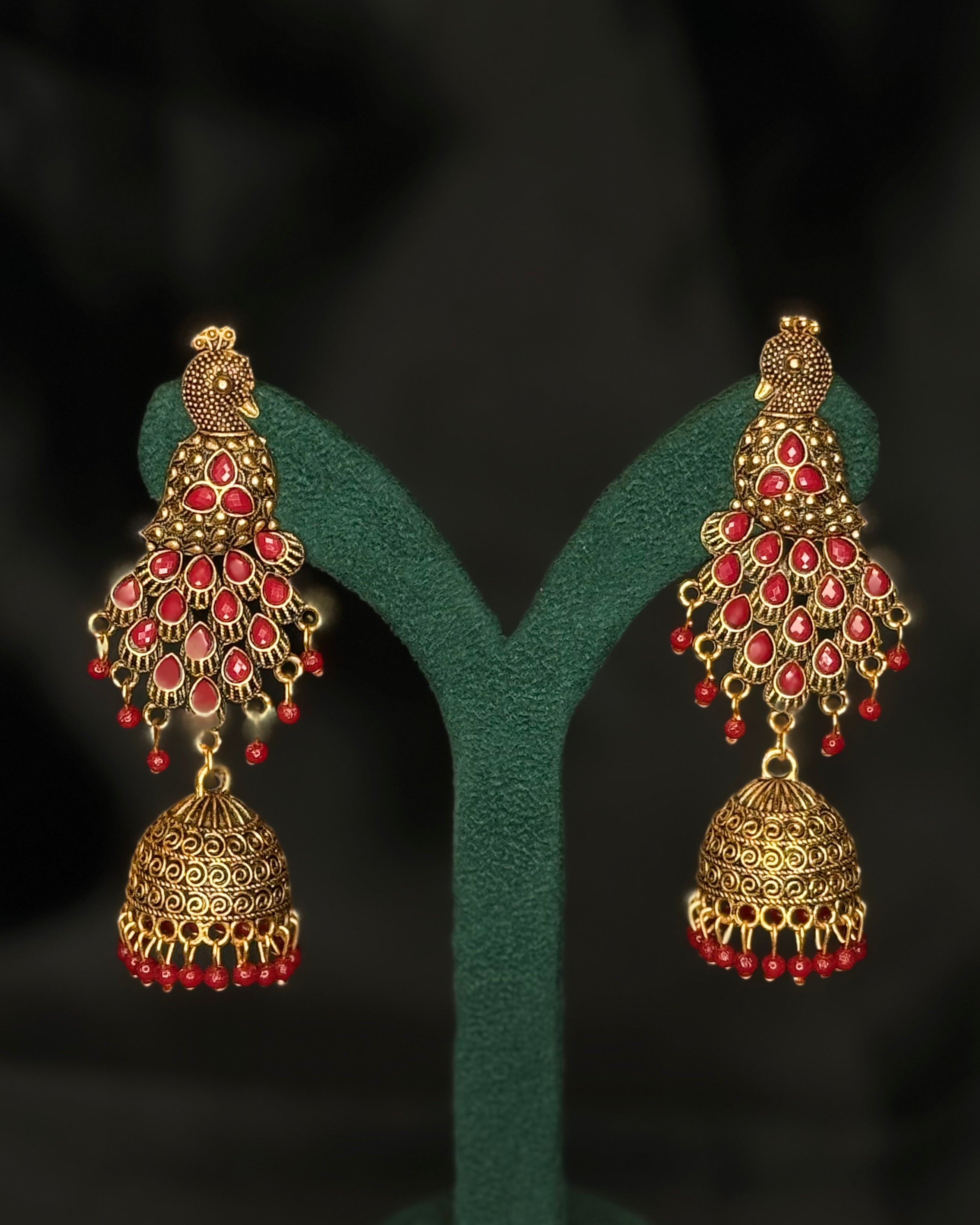 Antique Gold Peacock Design Green Red Pink Stone Jhumka Earrings | SITA2818