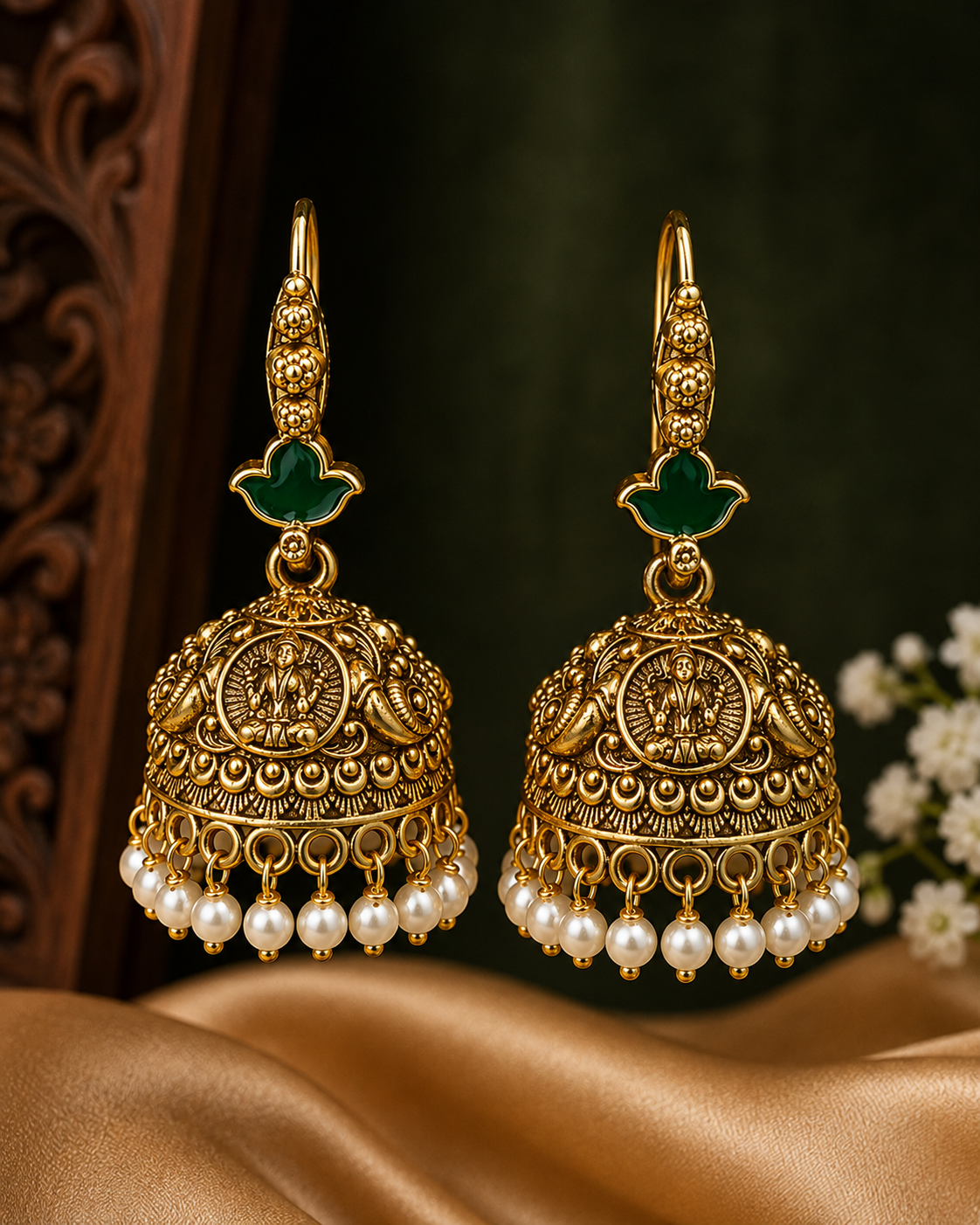 Antique Gold Nakshi Lakshmi Jhumka Earrings with Ruby Lotus Connector & Pearl Drops | SITA2849