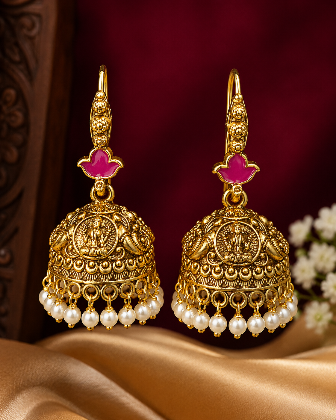 Antique Gold Nakshi Lakshmi Jhumka Earrings with Ruby Lotus Connector & Pearl Drops | SITA2849
