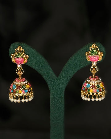Antique Gold Multicolour Stone Jhumka Earrings | SITA2910