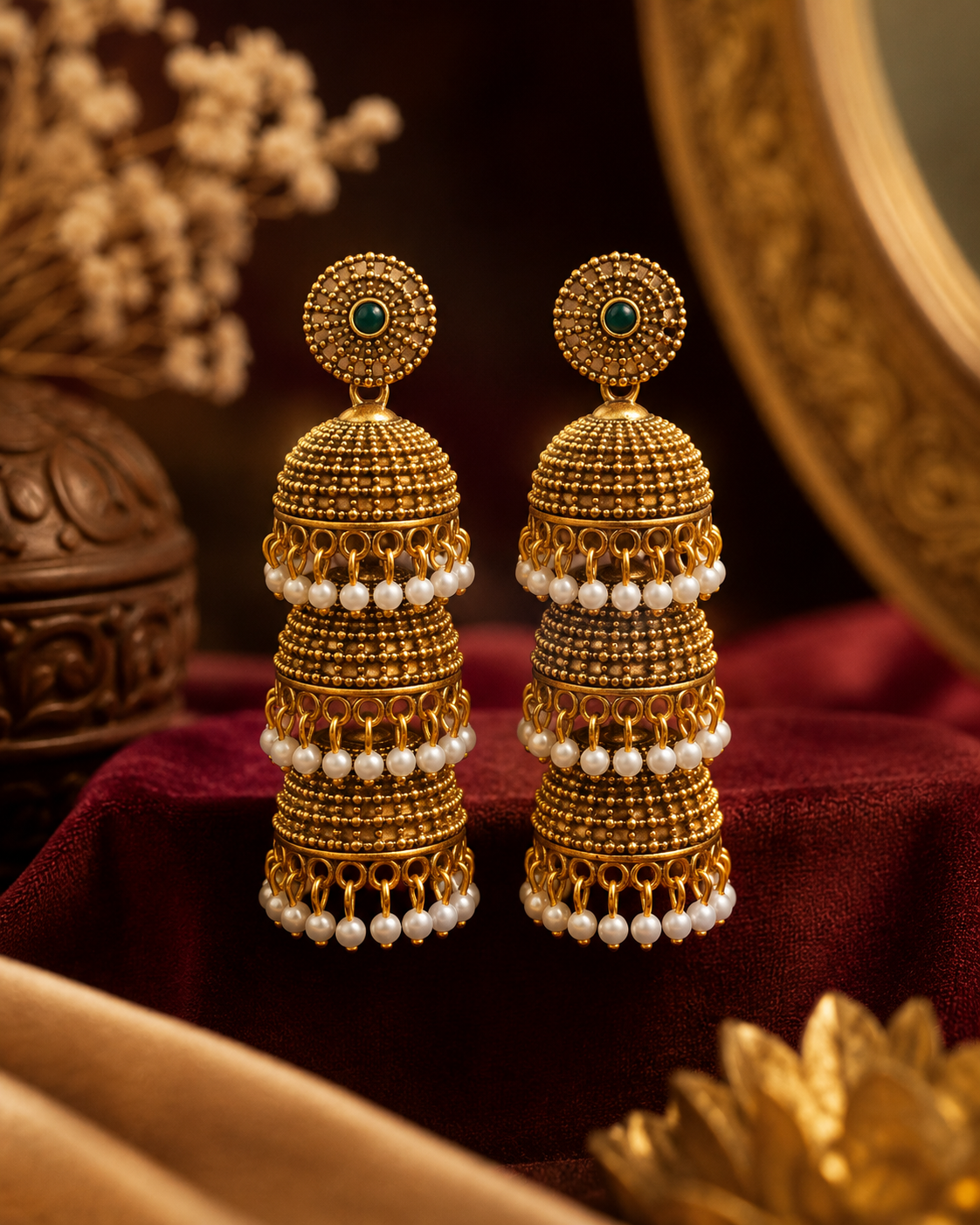 Antique Gold Three-Tier Granule Jhumka Earrings with Top & Pearl Fringe - P2 | SITA2540