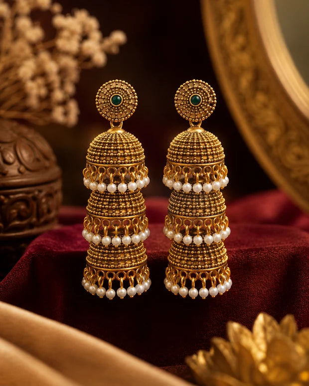 Antique Gold Three-Tier Granule Jhumka Earrings with Top & Pearl Fringe | SITA1442