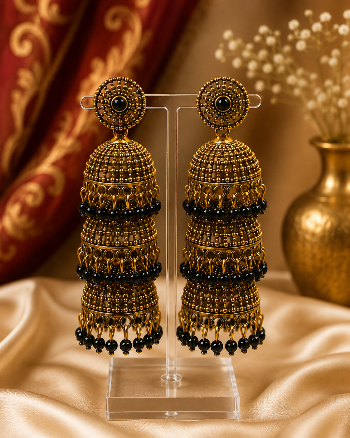 Antique Gold Three-Tier Granule Jhumka Earrings with  Bead Fringe - P1 | SITA2536
