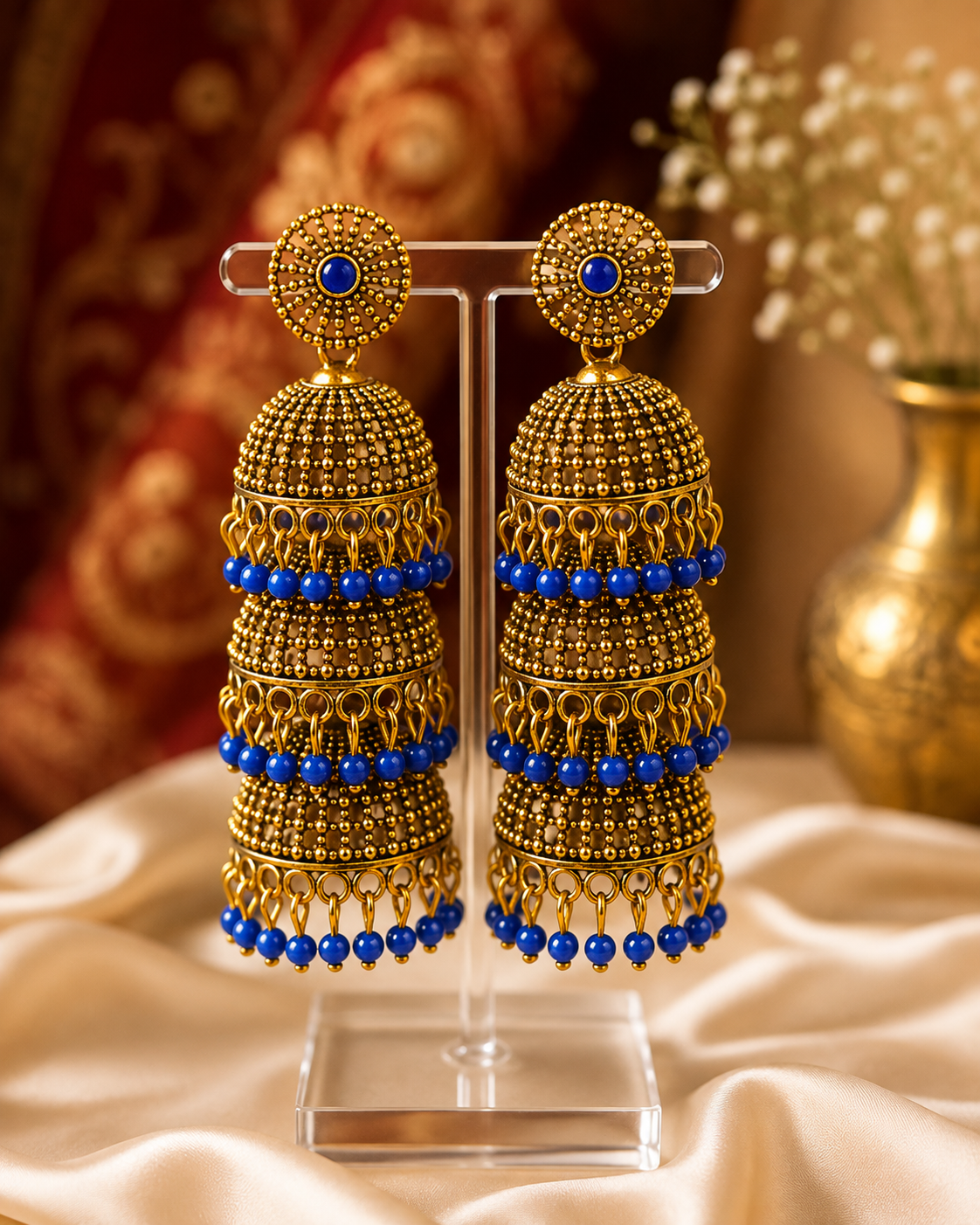 Antique Gold Three-Tier Granule Jhumka Earrings with  Bead Fringe - P1 | SITA2536