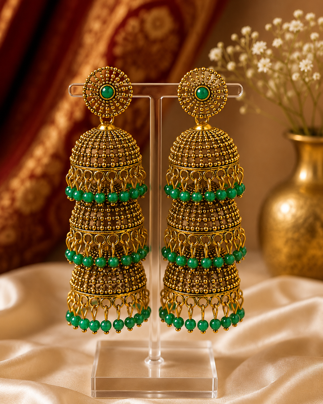 A woman wearing ornate gold jhumka earrings with pink and red beaded tassels, styled with a cream and gold saree and a dark green blouse.