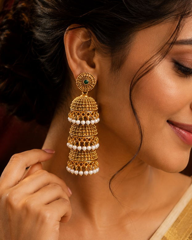 A woman in a beige and gold saree wearing a large, ornate gold jhumka earring with white pearl-like beads, shown in a warm, elegant indoor setting.