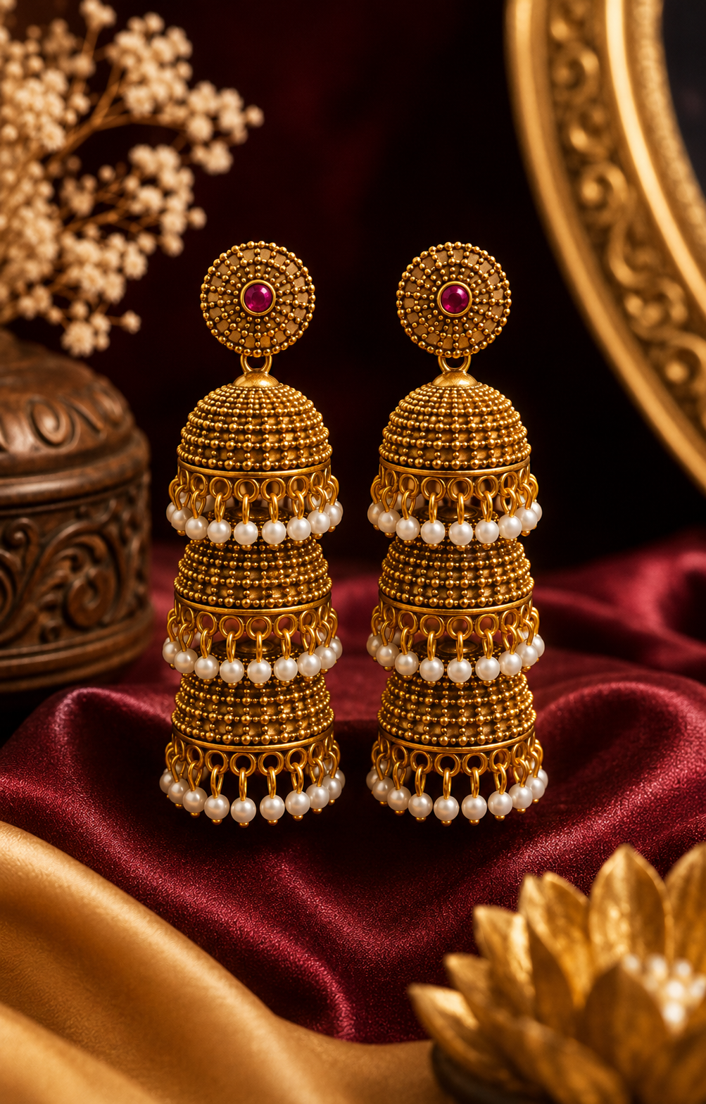 Antique Gold Three-Tier Granule Jhumka Earrings with Top & Pearl Fringe - P2 | SITA2540