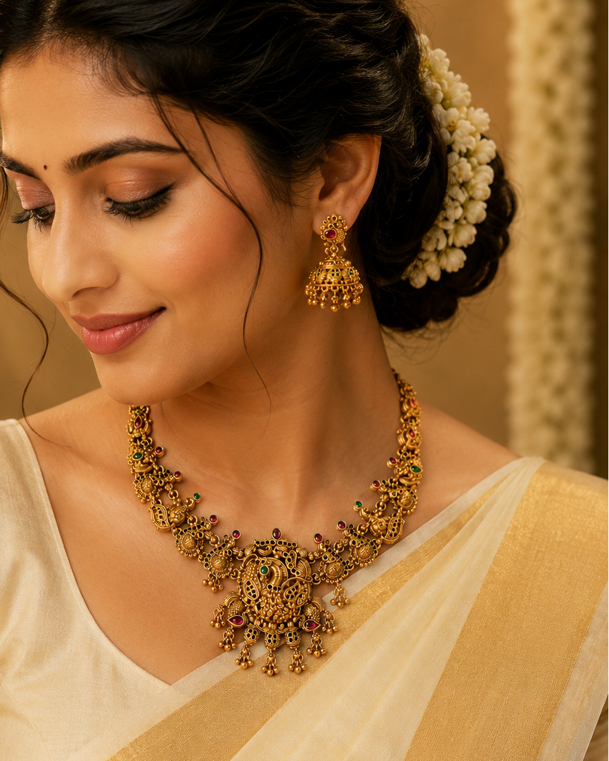Antique Gold Peacock Necklace Set with Jhumka Earrings | OL152