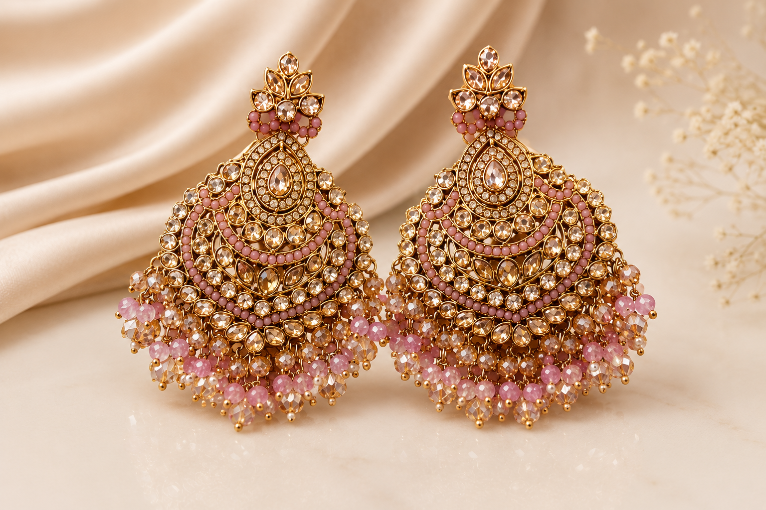 Antique Gold Pink Crystal Chandbali Earrings | LLB0194