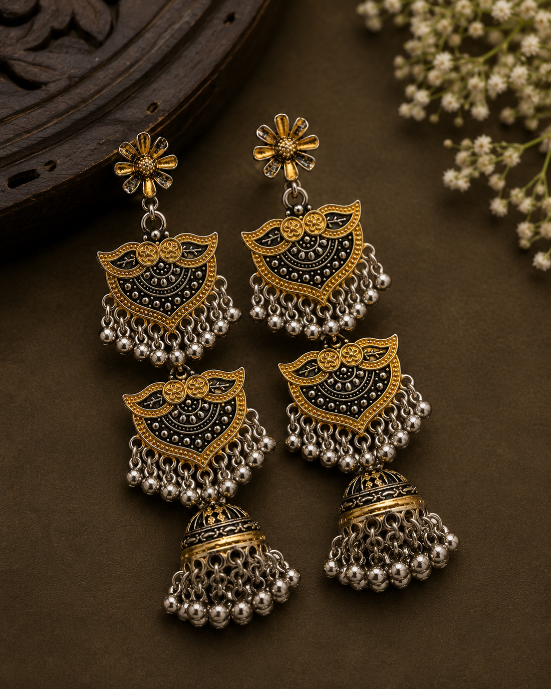 Dual-Tone Gold Silver Triple Tier Shield Jhumka Earrings | LLB0197