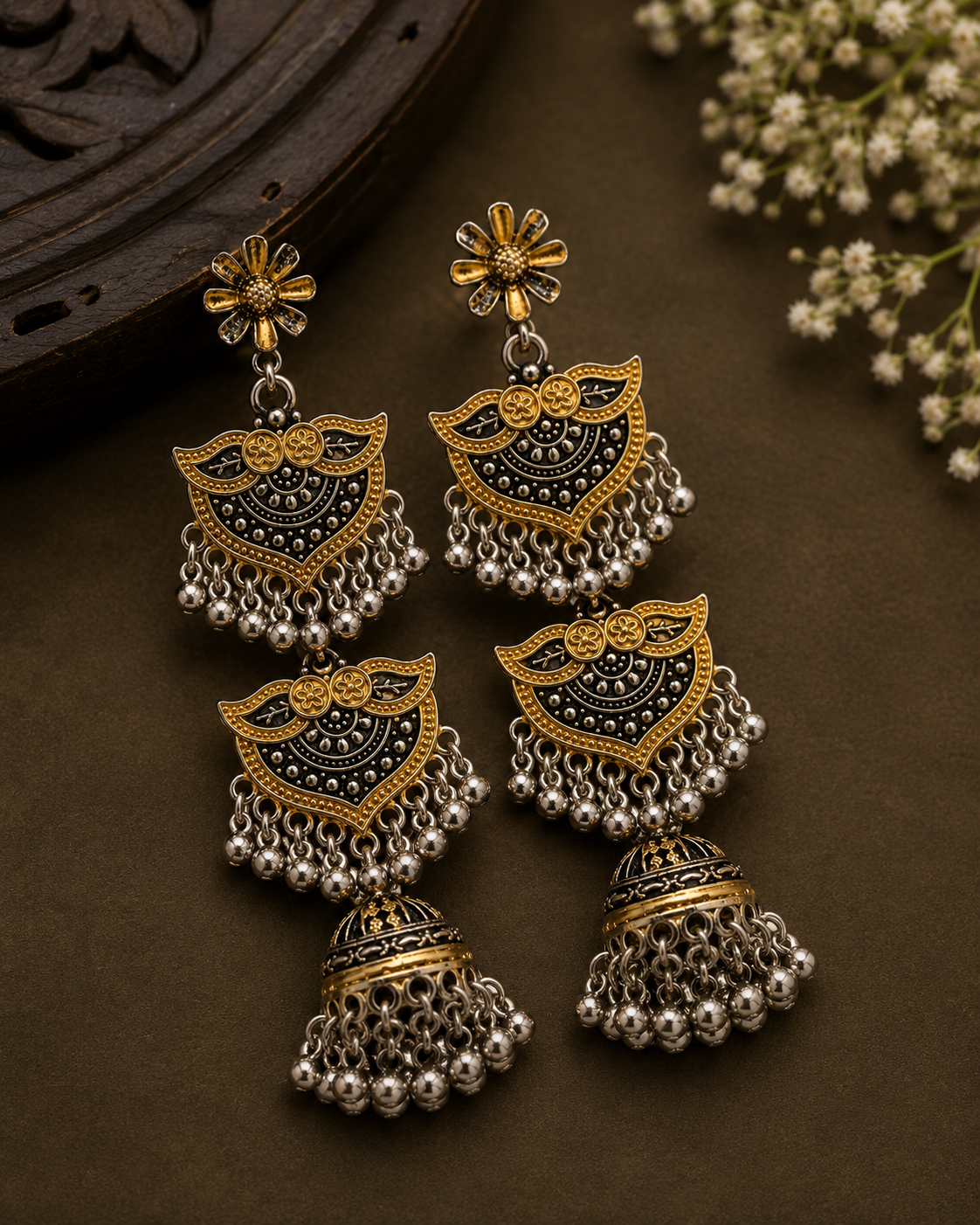 Dual-Tone Gold Silver Triple Tier Shield Jhumka Earrings | LLB0197
