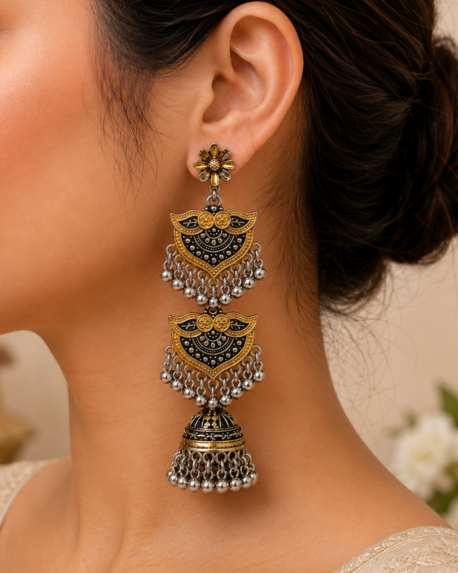 Dual-Tone Gold Silver Triple Tier Shield Jhumka Earrings | LLB0197