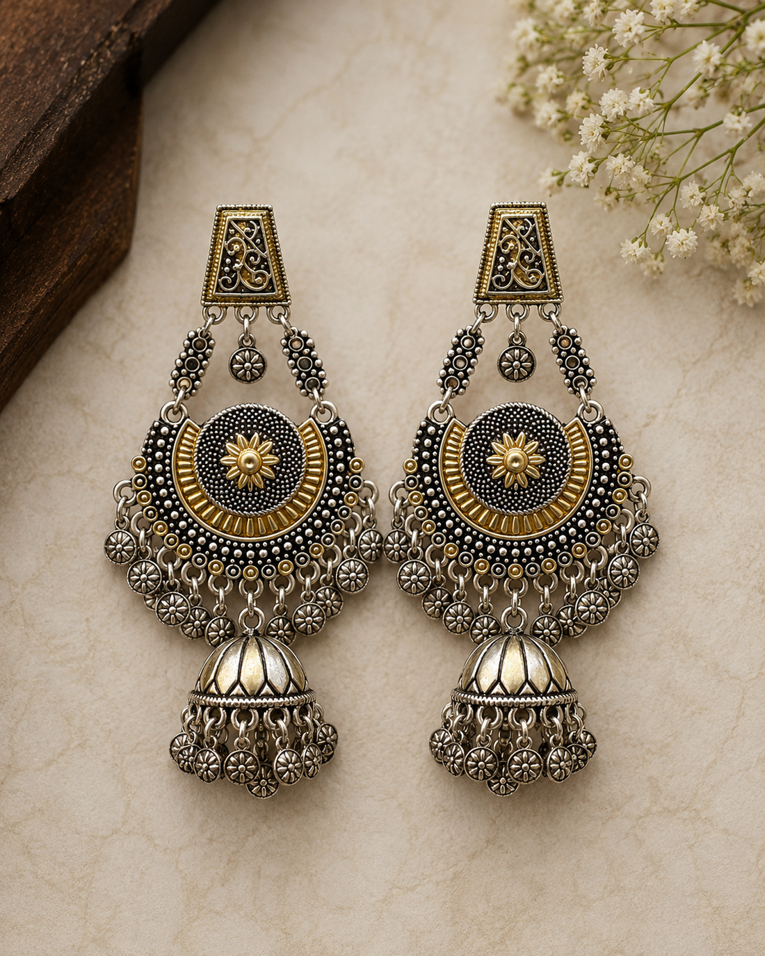 Dual-Tone Oxidised Silver Gold Chandbali Jhumka Earrings | LLB0198