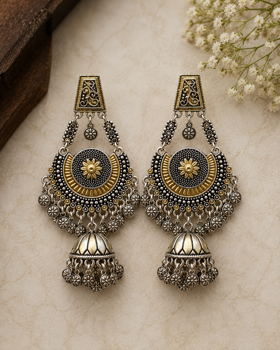 Dual-Tone Oxidised Silver Gold Chandbali Jhumka Earrings | LLB0198
