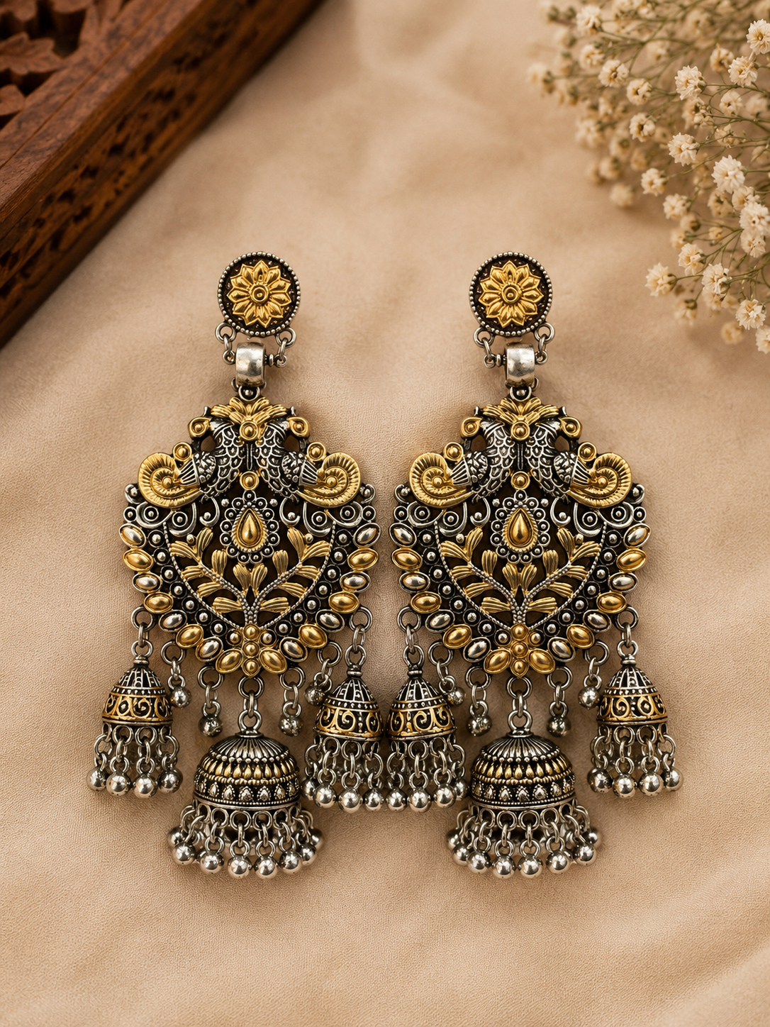 Dual-Tone Gold Silver Peacock Chandelier Multi-Jhumka Earrings | LLB0199