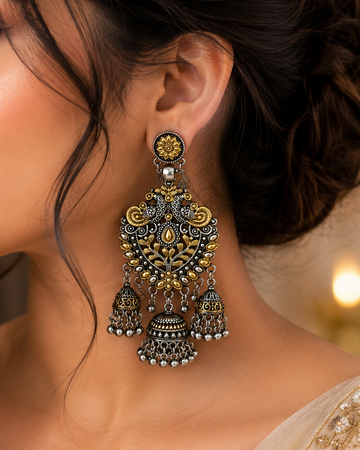 Dual-Tone Gold Silver Peacock Chandelier Multi-Jhumka Earrings | LLB0199