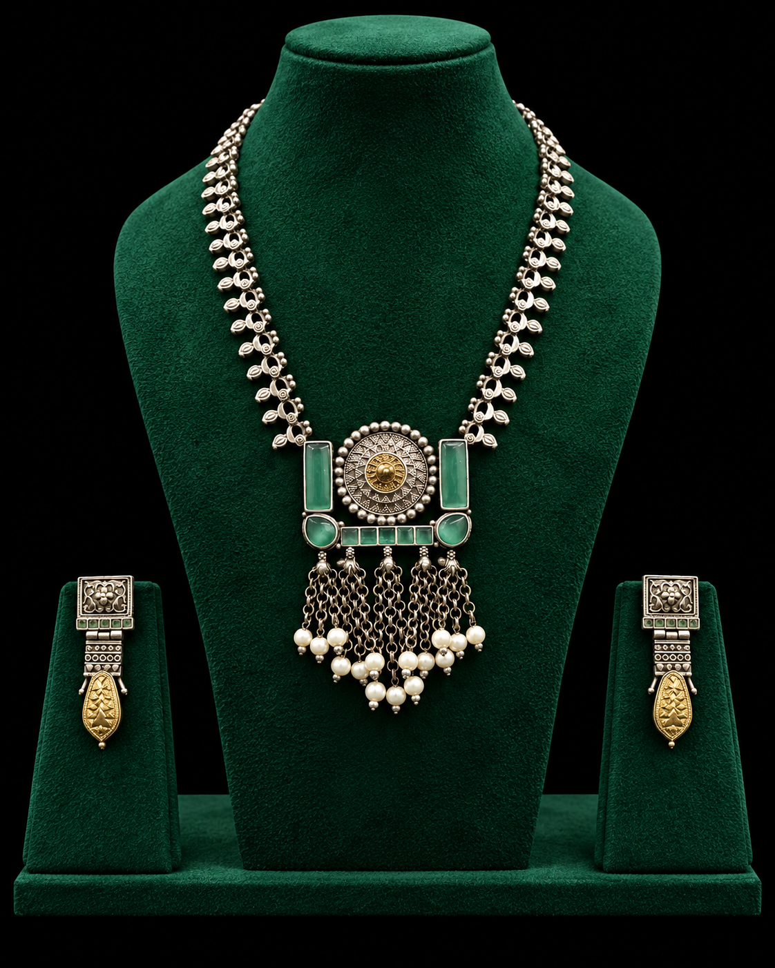 Green Stone Oxidized Long Necklace Set With Matching Earrings | T25050860