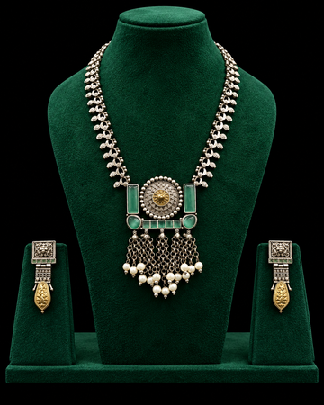 Green Stone Oxidized Long Necklace Set With Matching Earrings | T25050860