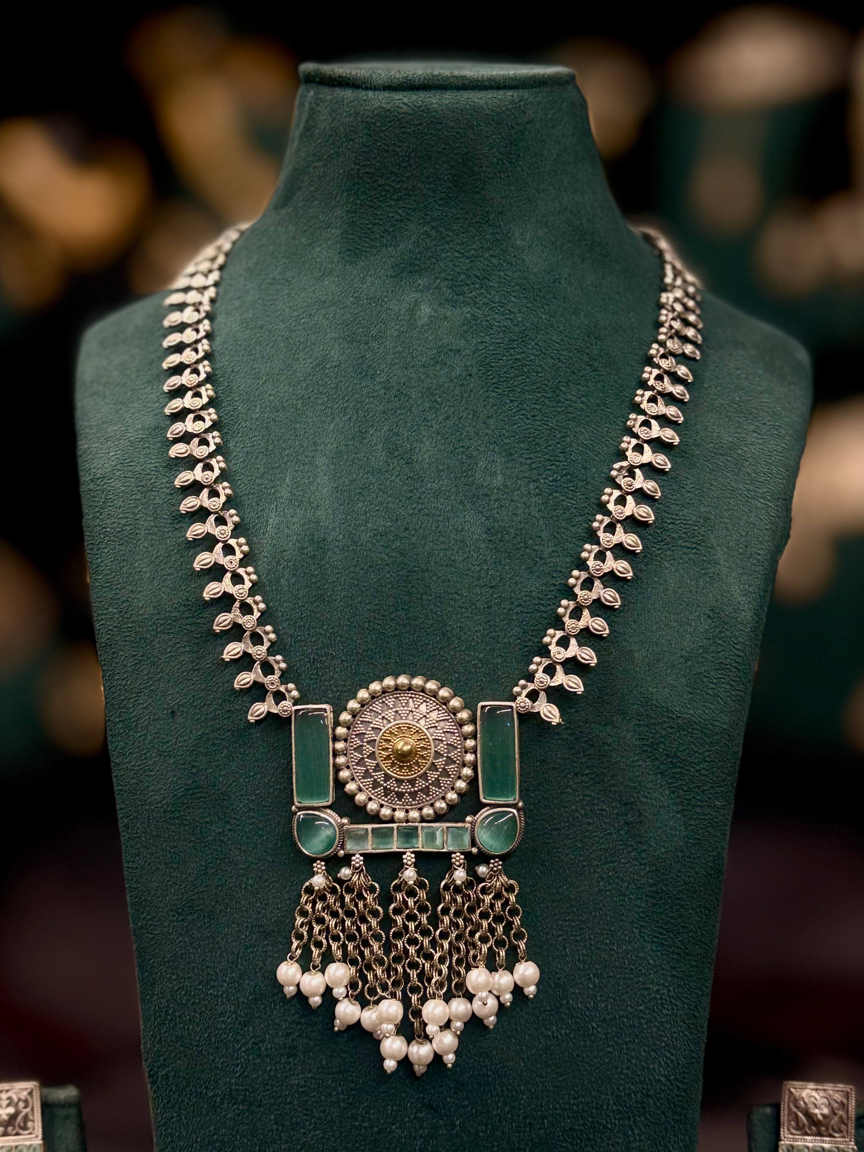 Green Stone Oxidized Long Necklace Set With Matching Earrings | T25050860