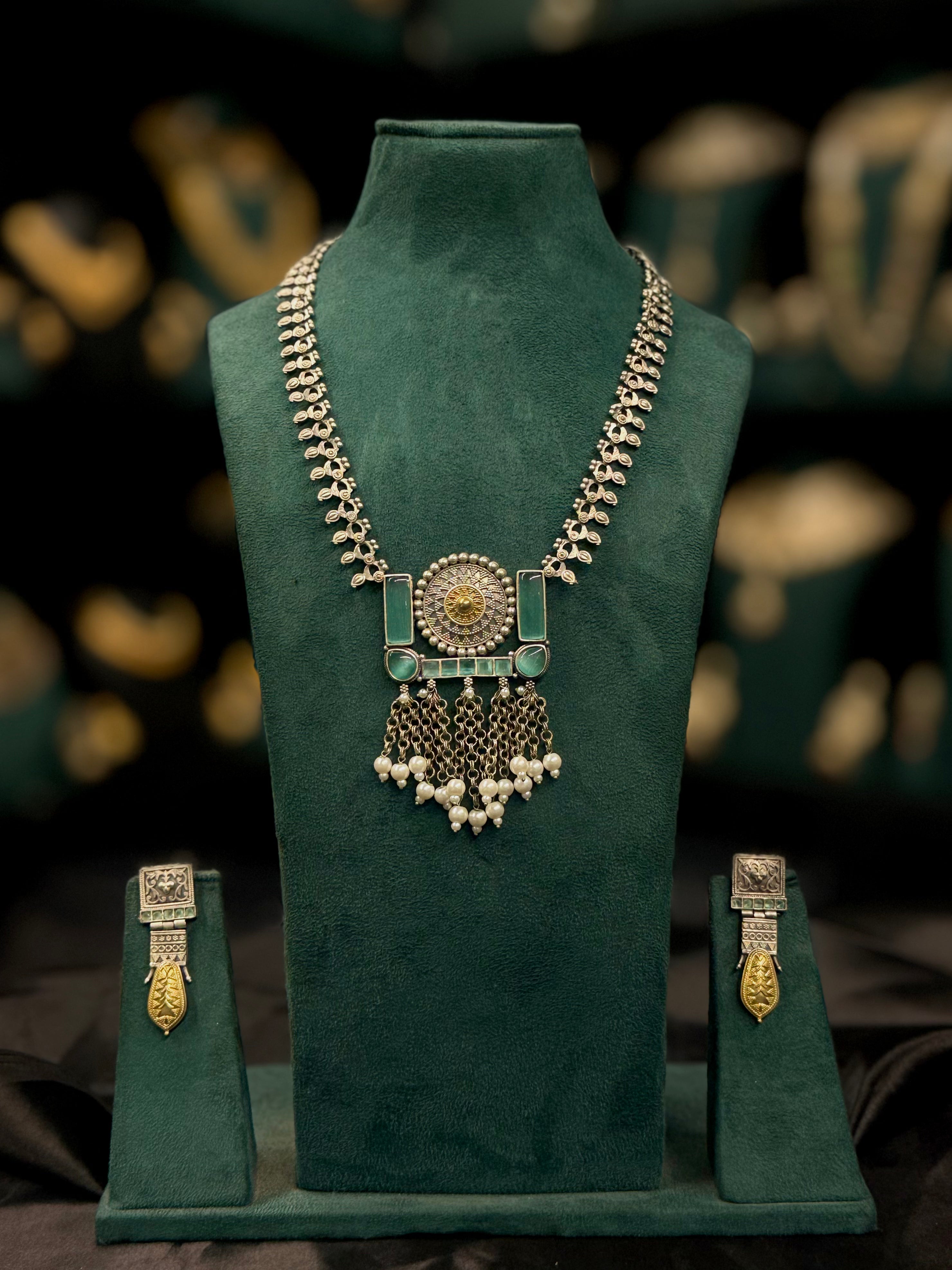 Green Stone Oxidized Long Necklace Set With Matching Earrings | T25050860