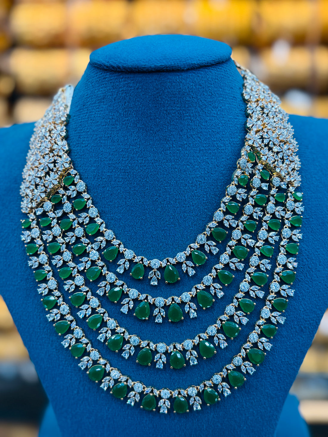 Elegant Green Stone Layered Necklace Set with Matching Earrings | T302408672