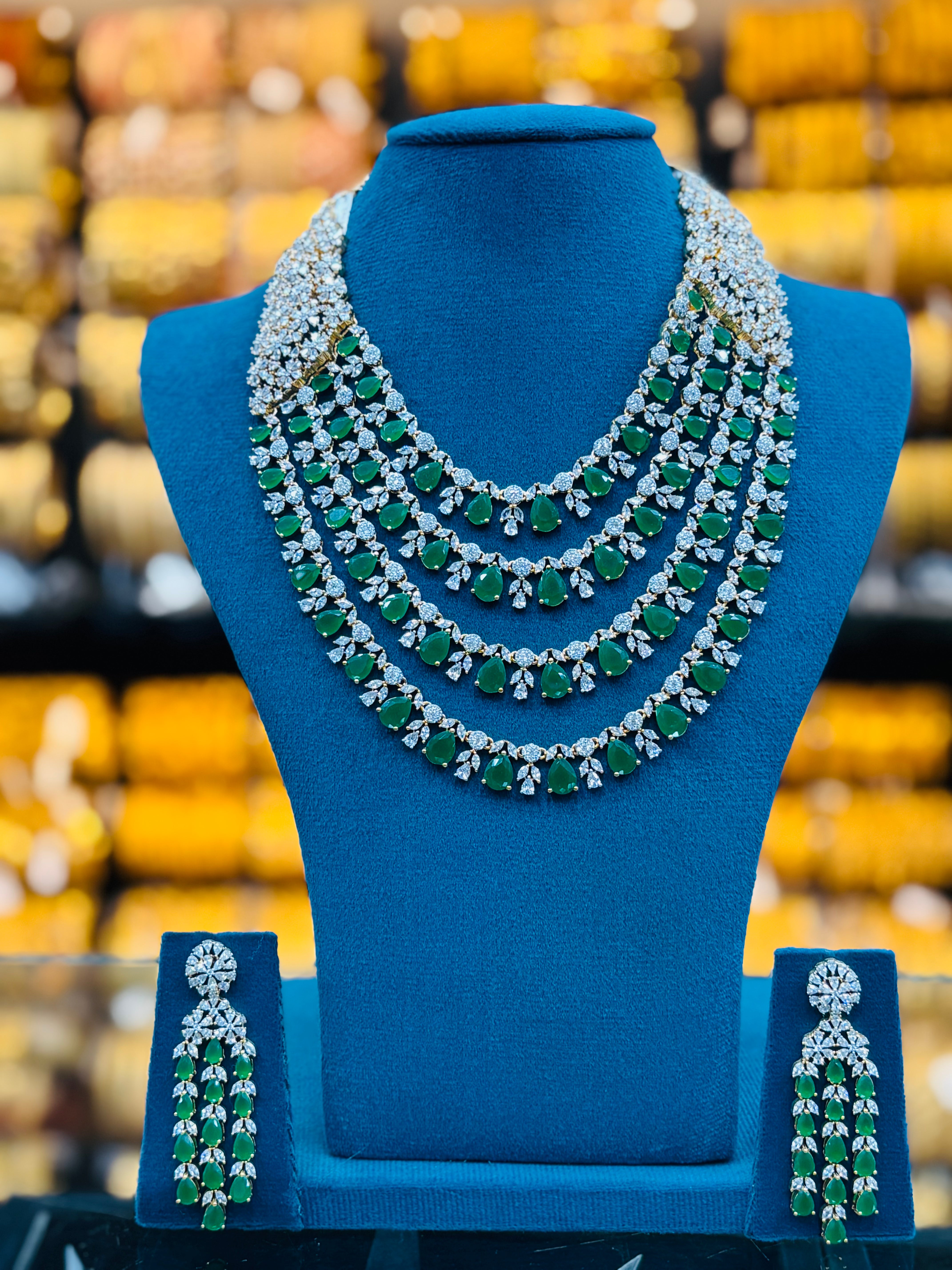 Elegant Green Stone Layered Necklace Set with Matching Earrings | T302408672