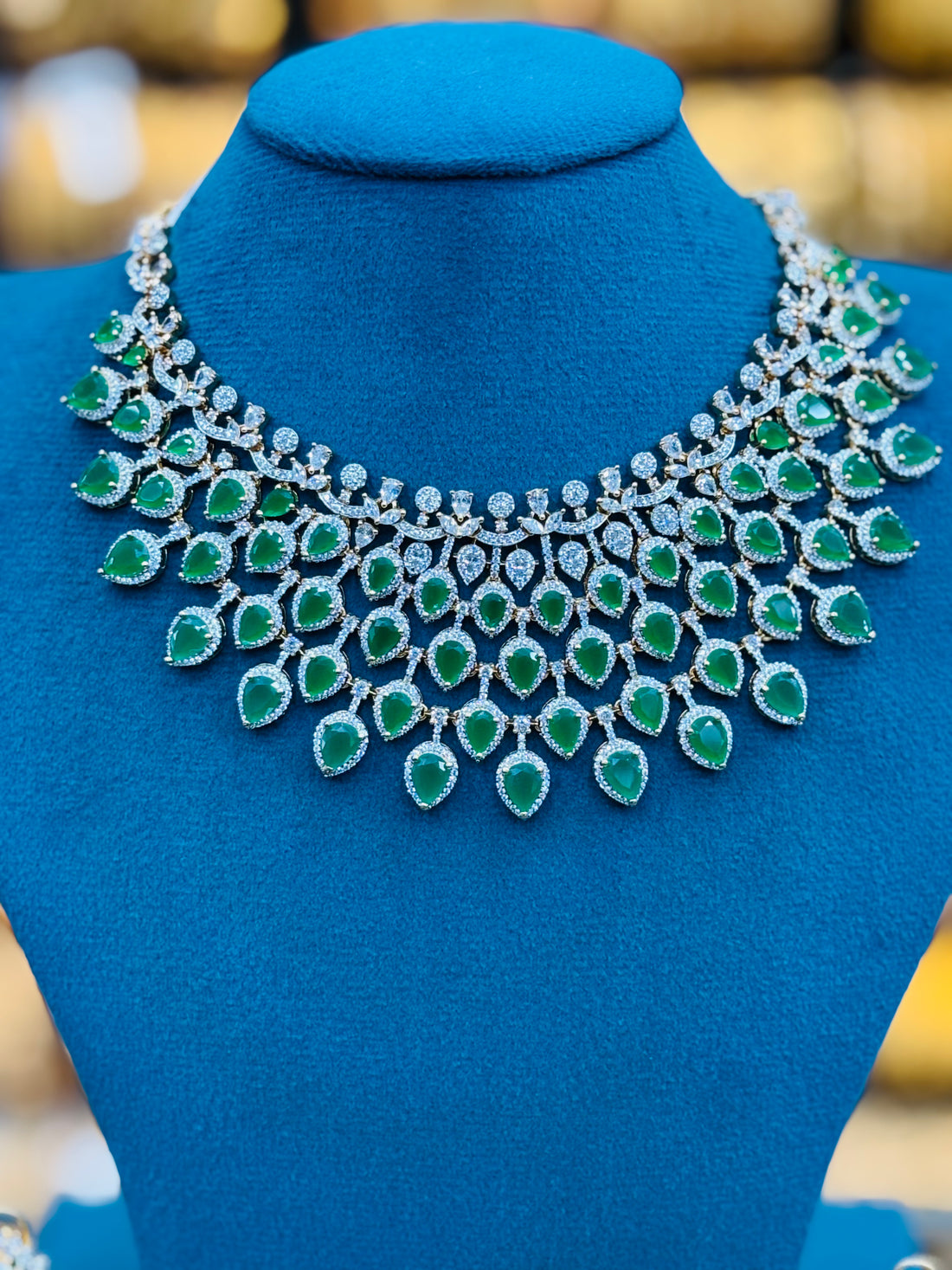 Emerald Green Stone Choker Necklace Set with Long Matching Earrings | T302412137