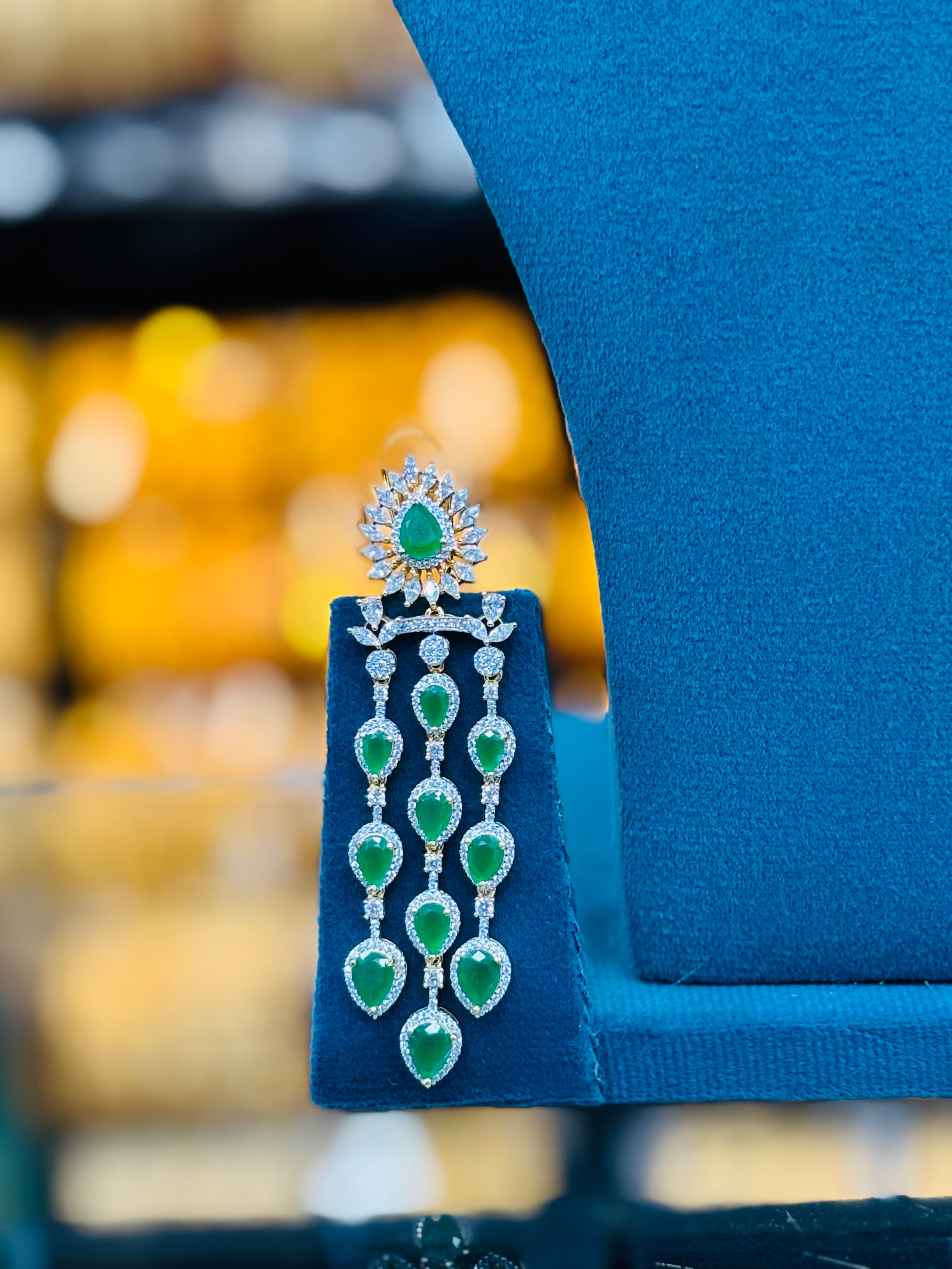 Emerald Green Stone Choker Necklace Set with Long Matching Earrings | T302412137