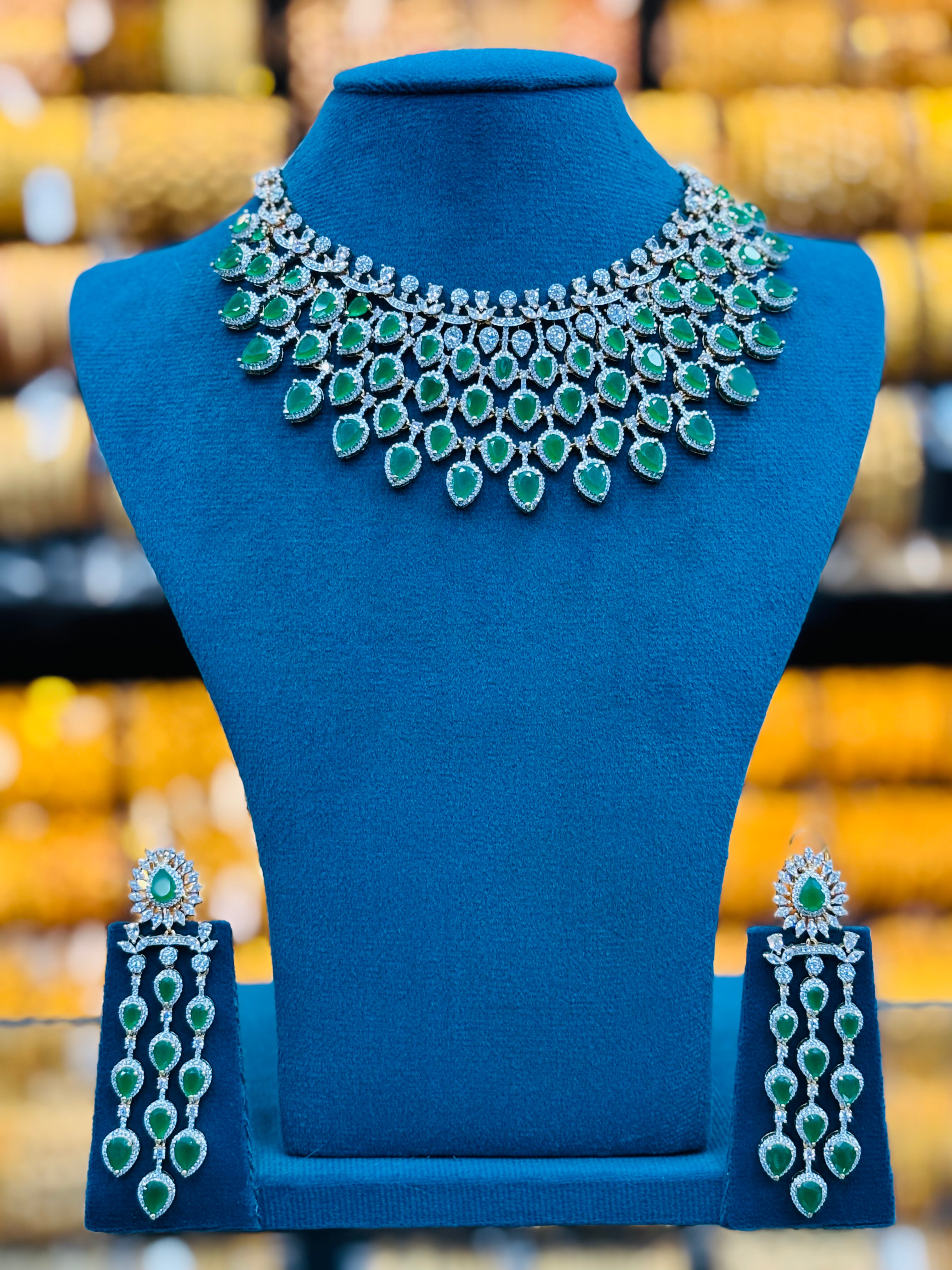 Emerald Green Stone Choker Necklace Set with Long Matching Earrings | T302412137