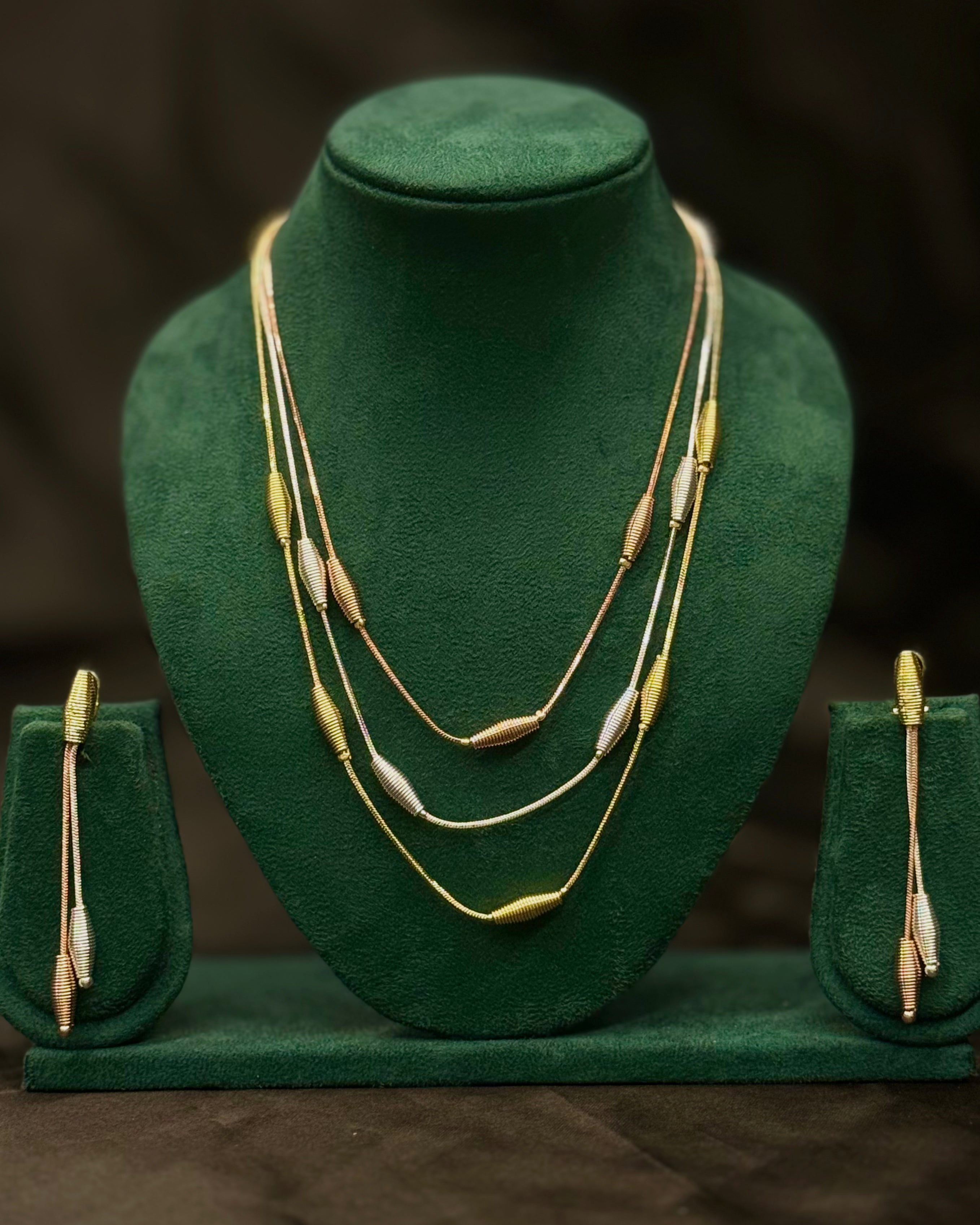 Triple Layer Gold Finish Necklace Set with Earrings - Elegant Designer Jewellery | T302505852
