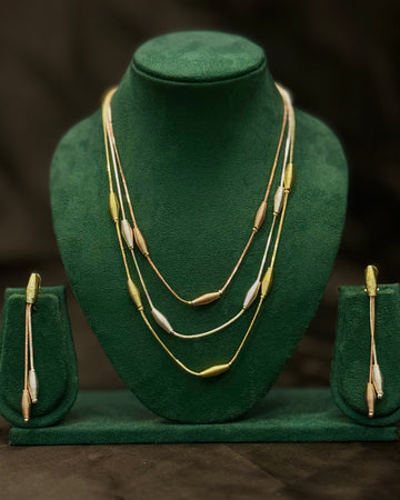 Triple Layer Gold Finish Necklace Set with Earrings - Elegant Designer Jewellery | T302505852