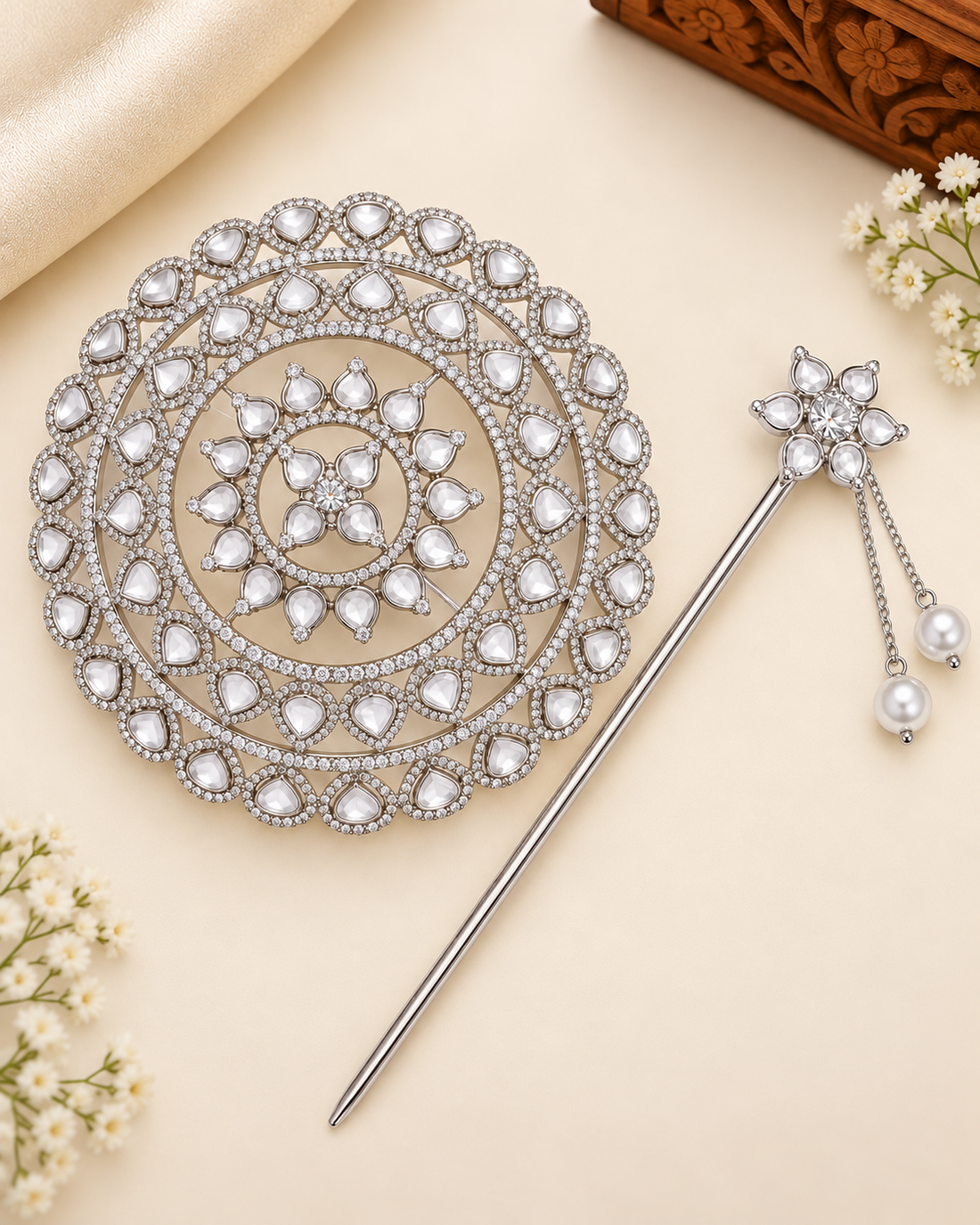 Silver Kundan Bridal Hair Bun Accessory | T302507598