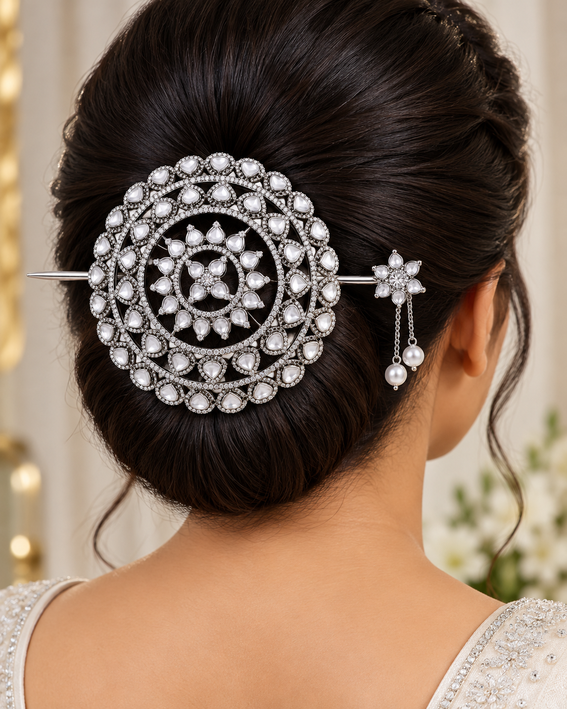Silver Kundan Bridal Hair Bun Accessory | T302507598