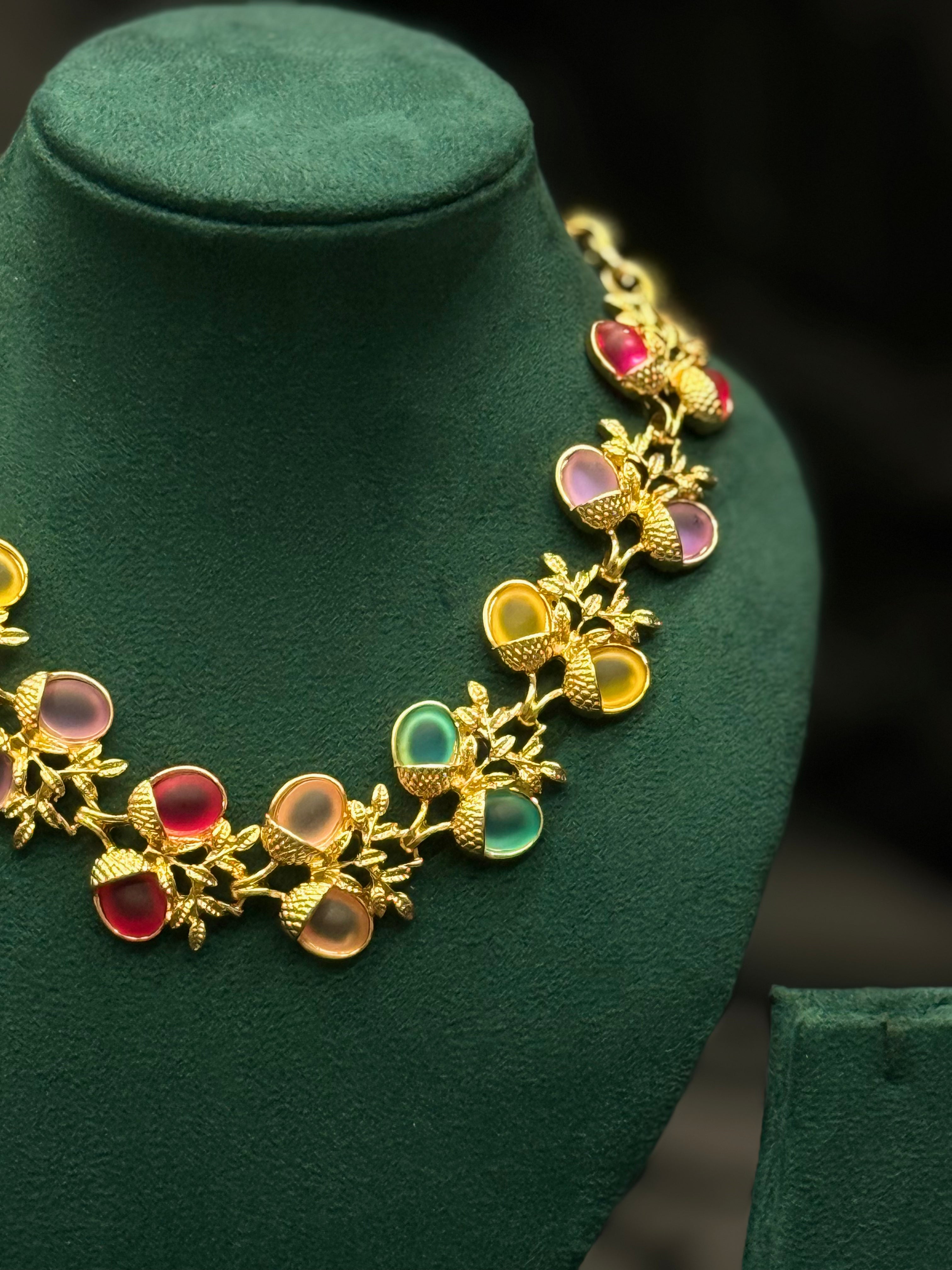 Multicolor Beaded Necklace - Gold Finish Floral Statement Jewellery | T302511270
