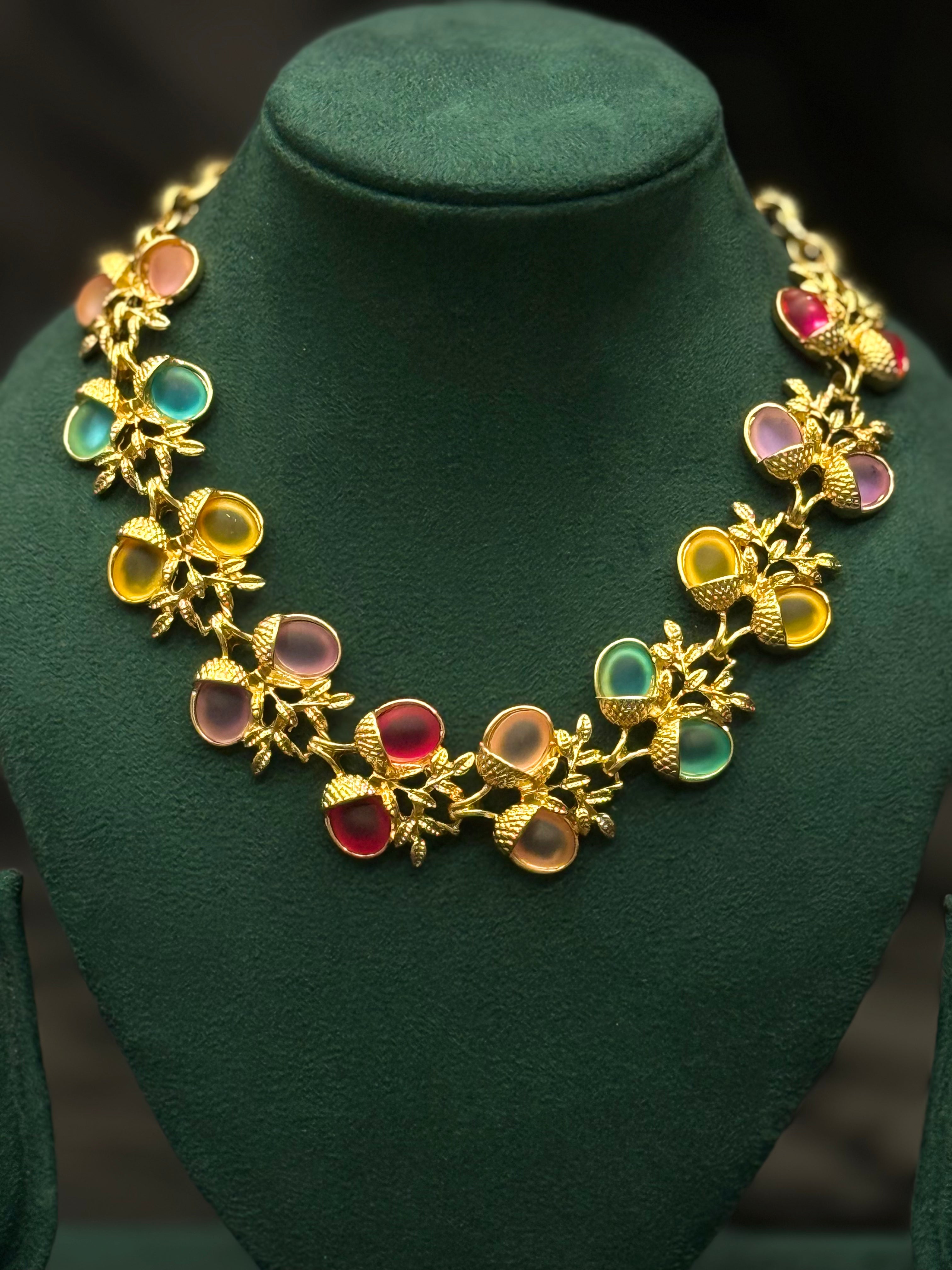 Multicolor Beaded Necklace - Gold Finish Floral Statement Jewellery | T302511270