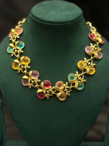 Multicolor Beaded Necklace - Gold Finish Floral Statement Jewellery | T302511270