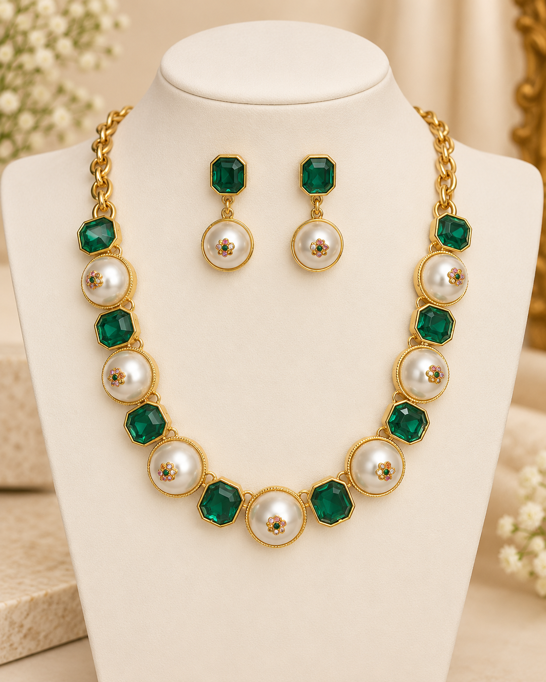 Green Stone Pearl Necklace Set | T302511553