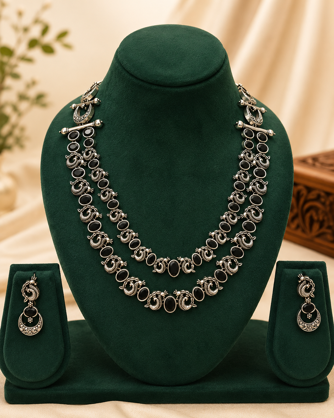 Oxidised Silver Double Layer Necklace Set with Black Stones | T302609717