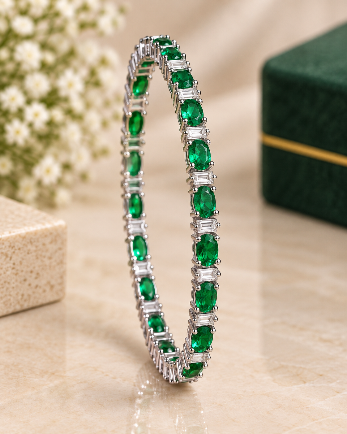 Green Stone Silver Bangle | T302614428