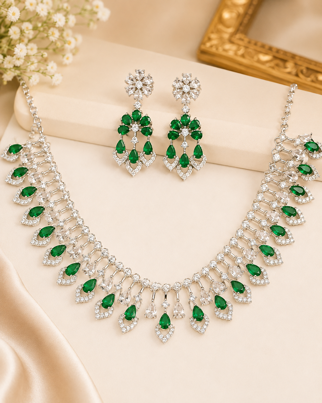 Green American Diamond Necklace Set | T302701293