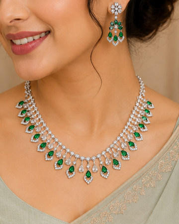 Green American Diamond Necklace Set | T302701293