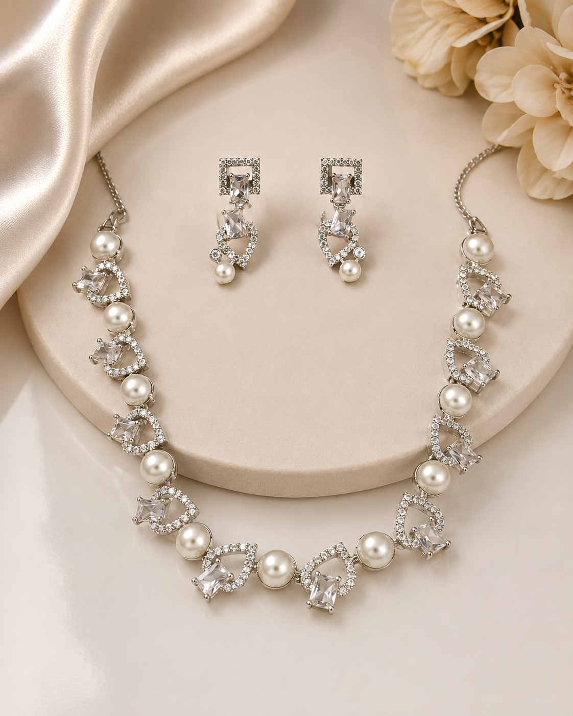 Pearl American Diamond Necklace Set | T302701305