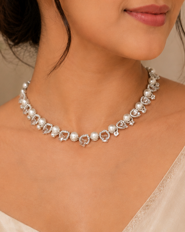 Pearl American Diamond Necklace Set | T302701305