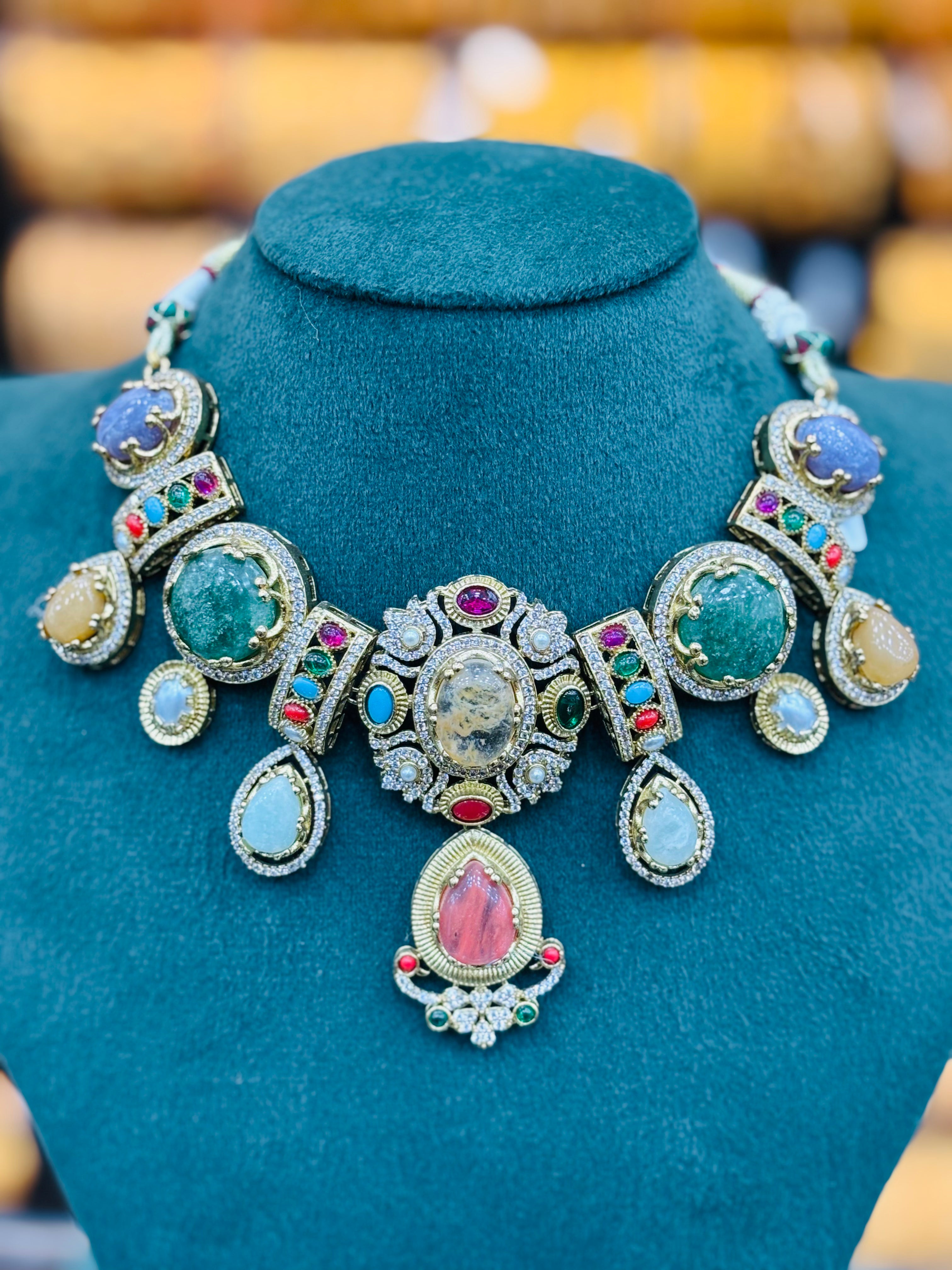 Multicolour Antique Designer Necklace Set with Matching Earrings | T302703024