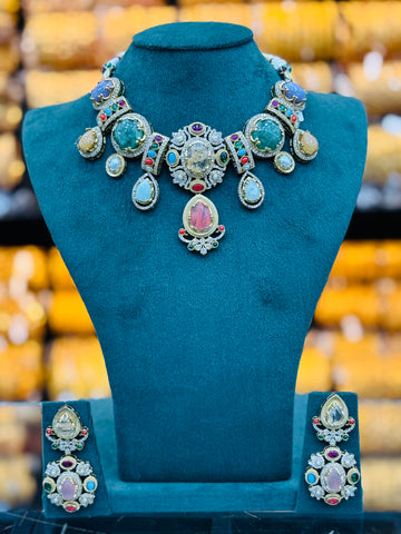 Multicolour Antique Designer Necklace Set with Matching Earrings | T302703024