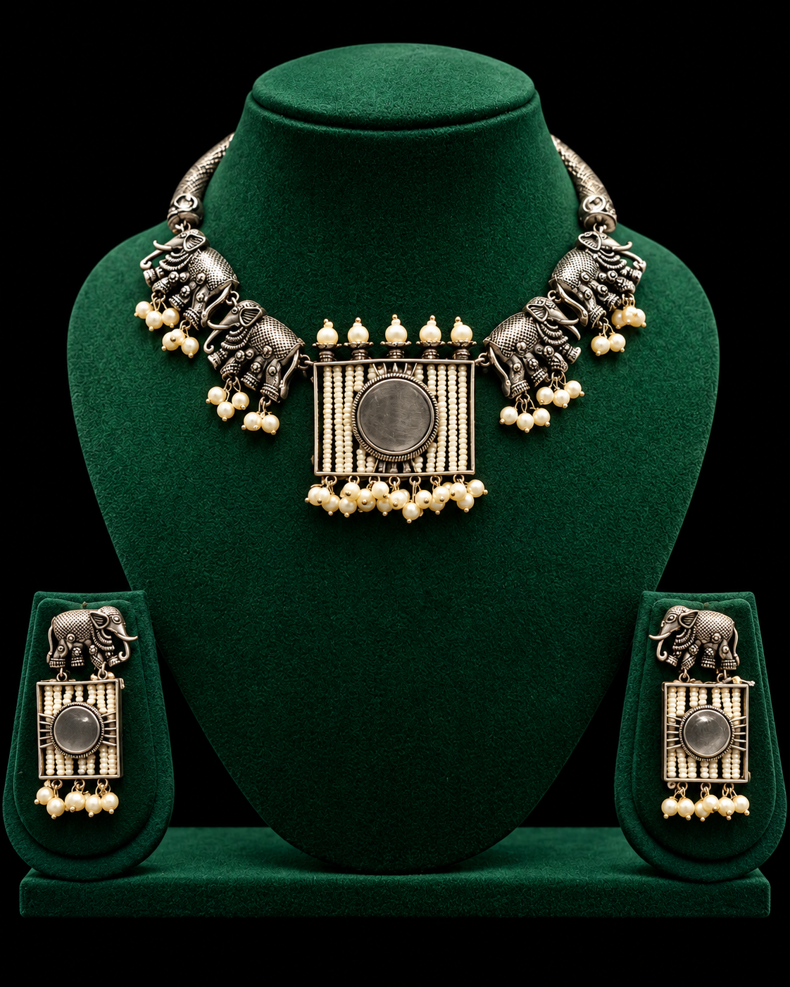 Oxidized Elephant Necklace Set With Matching Earrings | T302713032