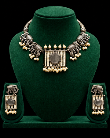 Oxidized Elephant Necklace Set With Matching Earrings | T302713032