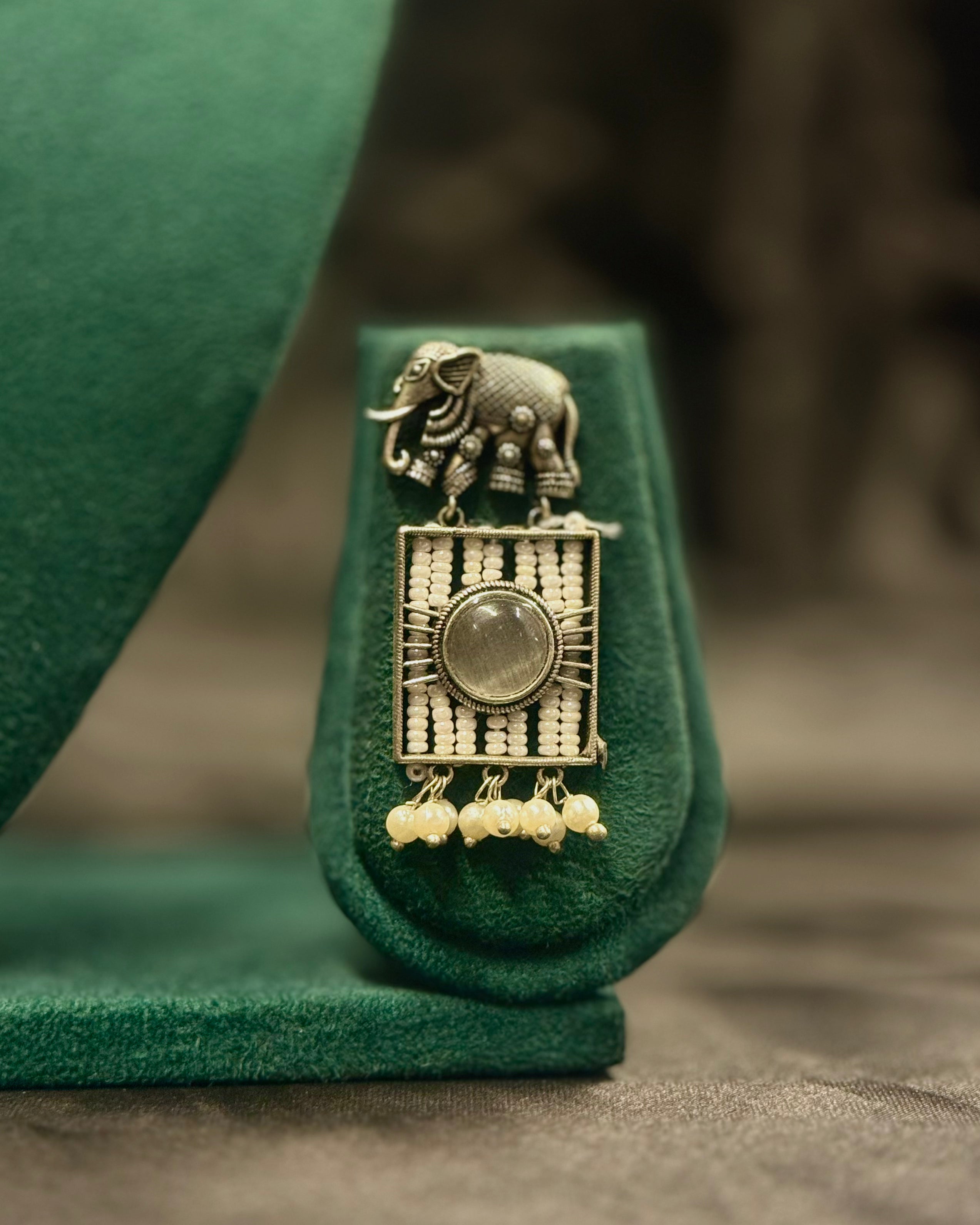 Oxidized Elephant Necklace Set With Matching Earrings | T302713032