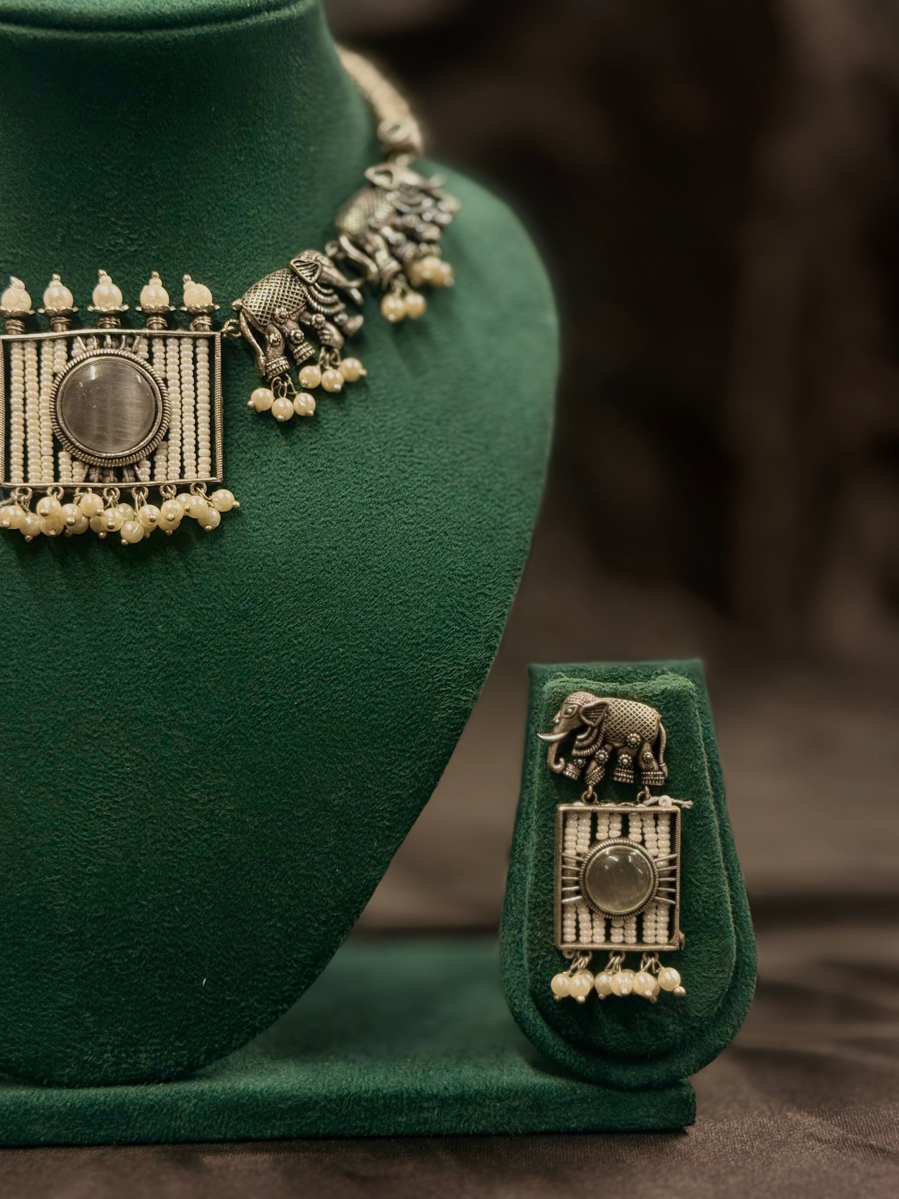 Oxidized Elephant Necklace Set With Matching Earrings | T302713032