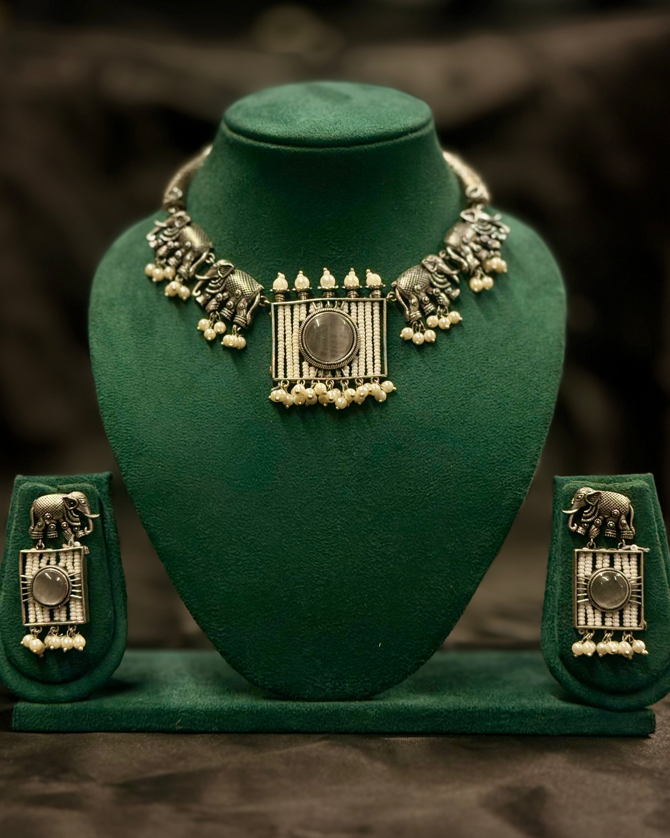 Oxidized Elephant Necklace Set With Matching Earrings | T302713032